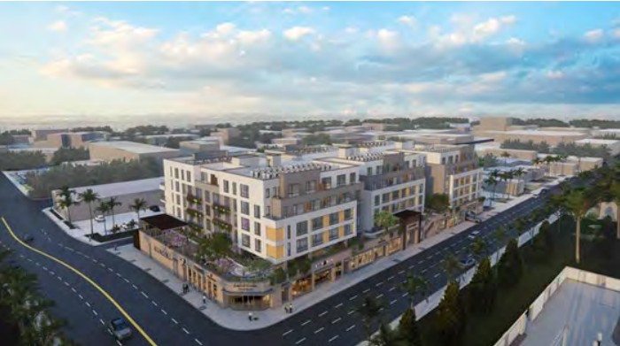 Aerial rendering of the six-story North Village condominium building at the corner of North 2nd Avenue and East Saint Joseph Street, with surrounding Arcadia rooftops