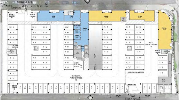 Ground-floor site plan for North Village showing residential and bicycle parking, retail spaces, and the lobby and amenity core